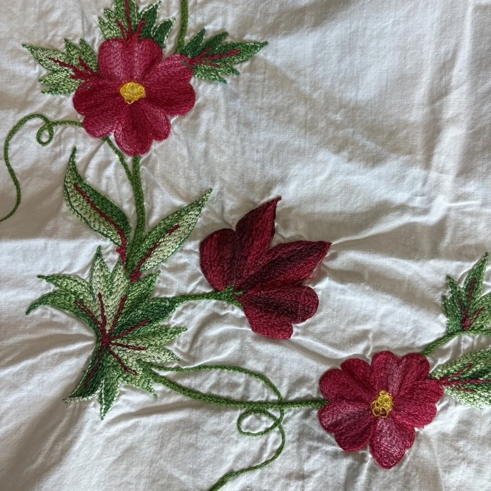 Rare Vintage Embroidered Island Scene 81x76 Bedsheet ART Flowers‎ Palms Mountain
